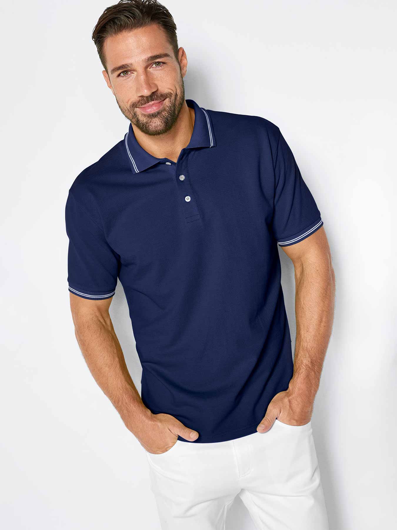 Unisex-Poloshirt, Piqué - mit Streifen im Kragen