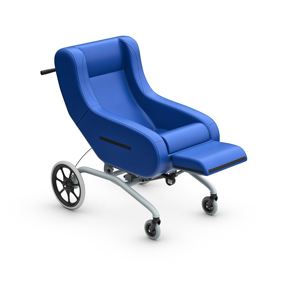 Pflegerollstuhl Doris, Bezug Kunstleder, Farbe Blau, kleine Räder, inkl. Frotteebezug