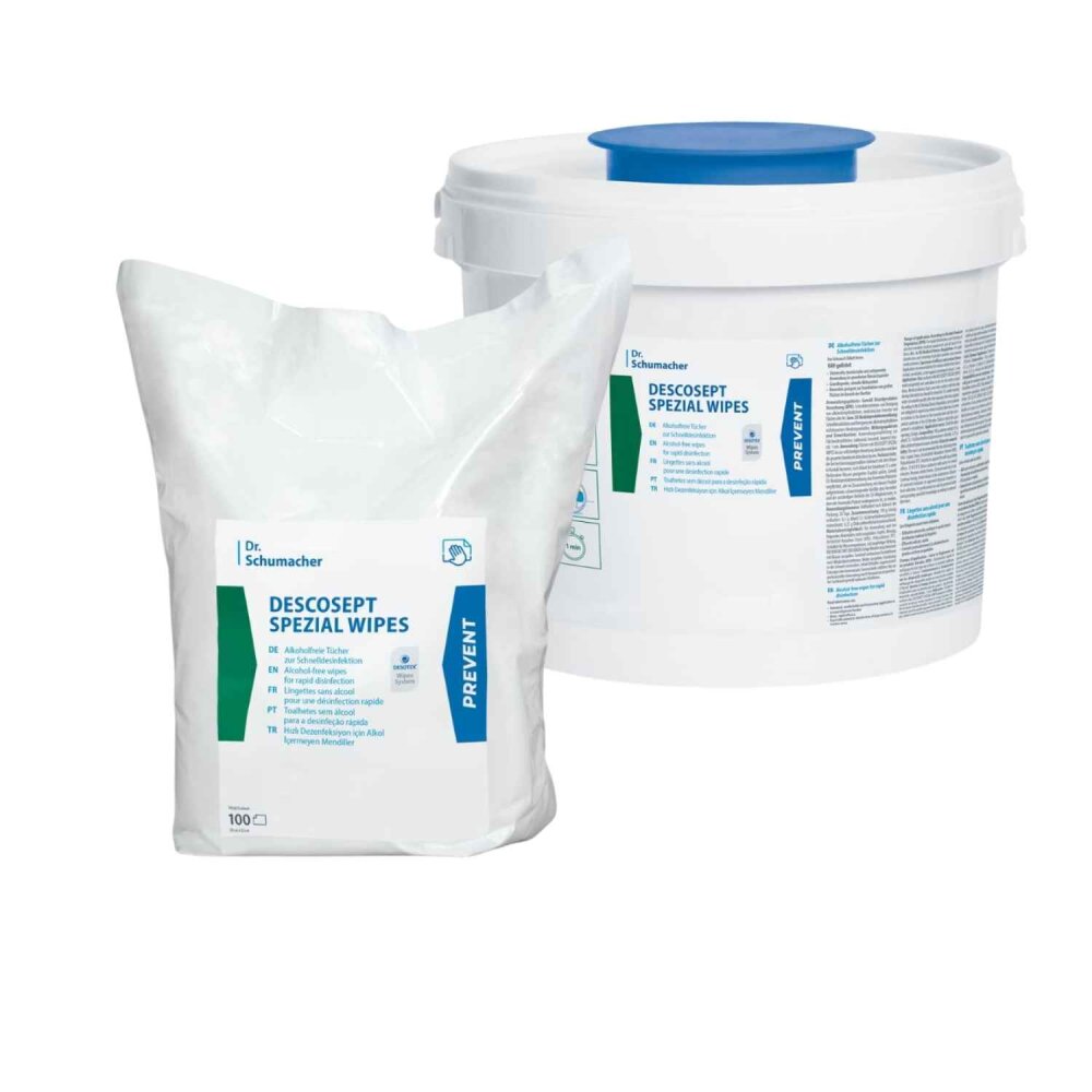 Descosept Spezial Wipes, Alkoholfreie Tücher zur Schnelldesinfektion (Vliestuchspender/Eimer mit 100Tücher)