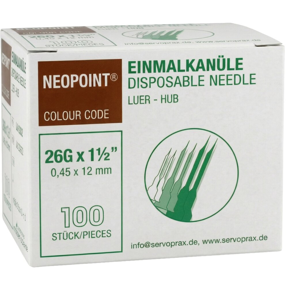 Neopoint Einmalkanülen Insulin kurz 26g x 1/2 0,45 x 12mm braun 100 Stück