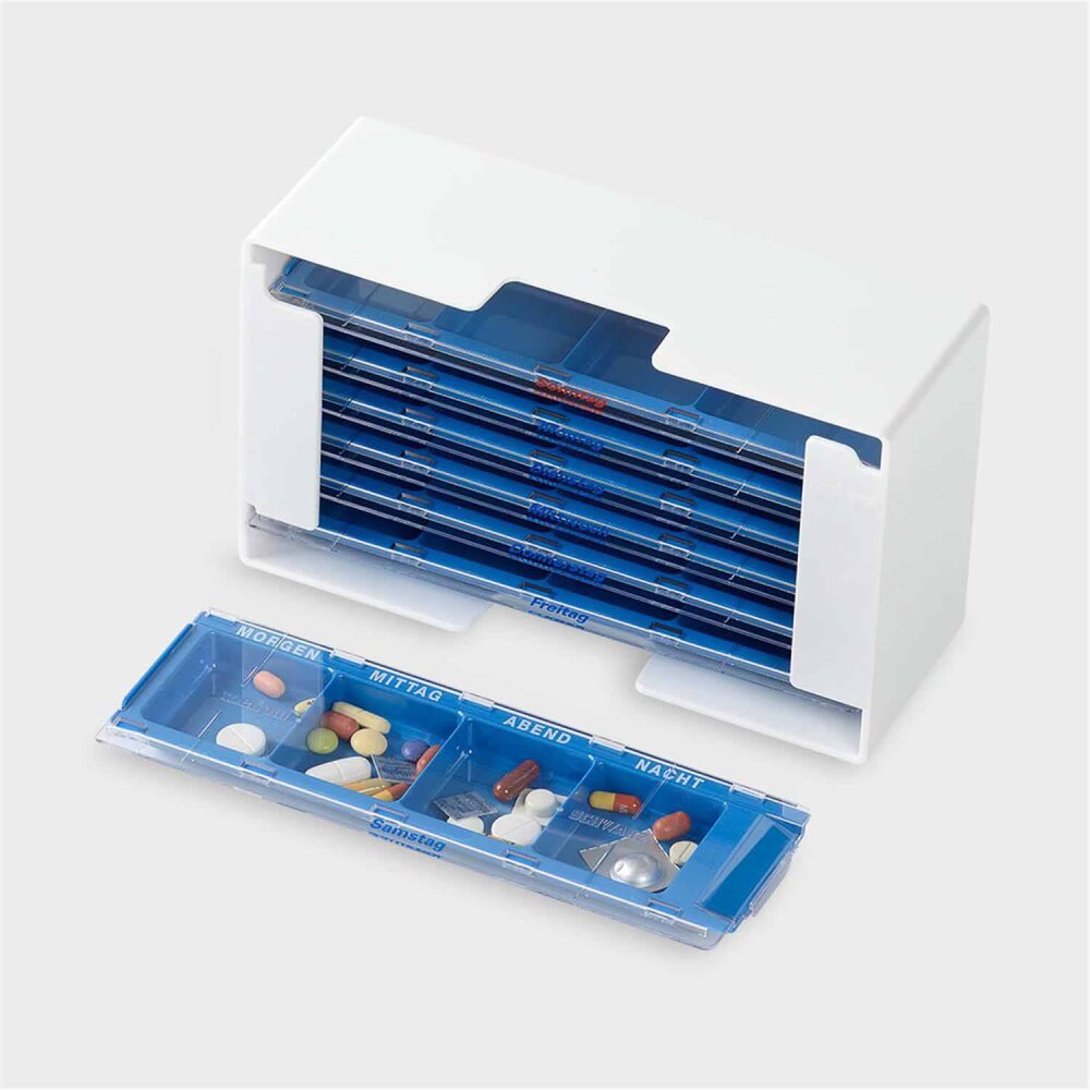 melipul Medikamenten-Dosierer XL-4 für 1 Woche mit 7 blauen MW-Dispenser 4 Fächer